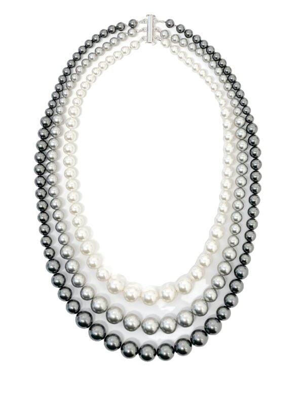 Tricolour Swarovski pearl three strand necklace with sterling silver