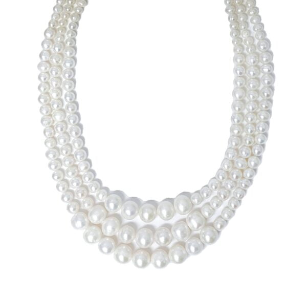 three strand fresh water pearl necklace with sterling silver. Canadian made. cruelty free and eco friendly
