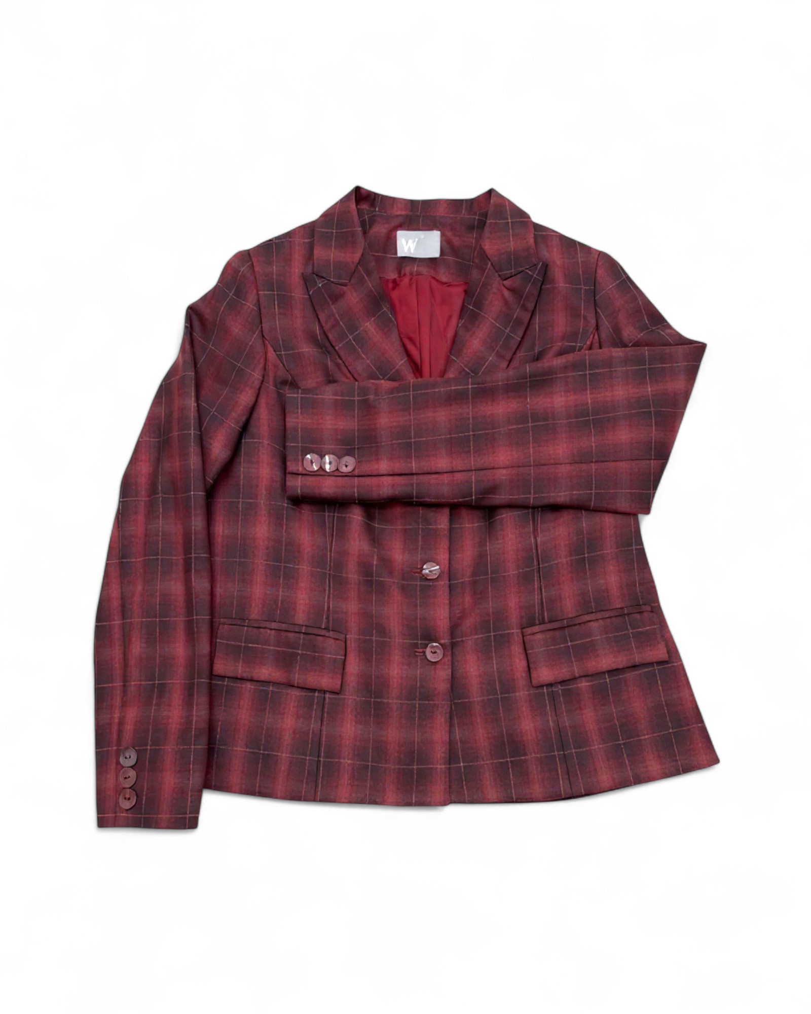 sonder jacket Sonder Wool Jacket in Maroon Check. custom clothing for women in toronto. suits for women in toronto