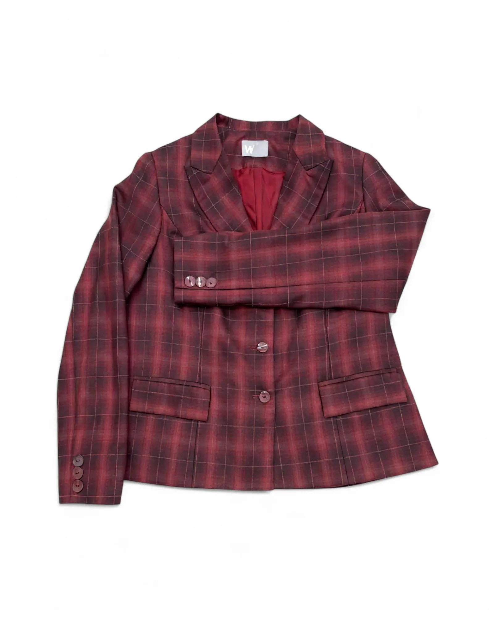 Sonder Wool Jacket in Maroon Check. custom clothing for women in toronto. suits for women in toronto