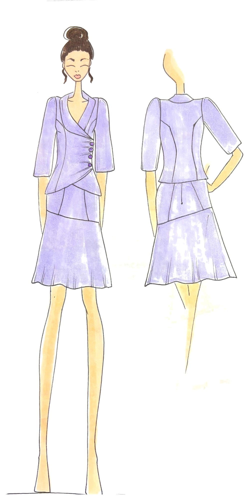 Custom couture fashion illustration of a pale lilac suit, W10 Colours Toronto