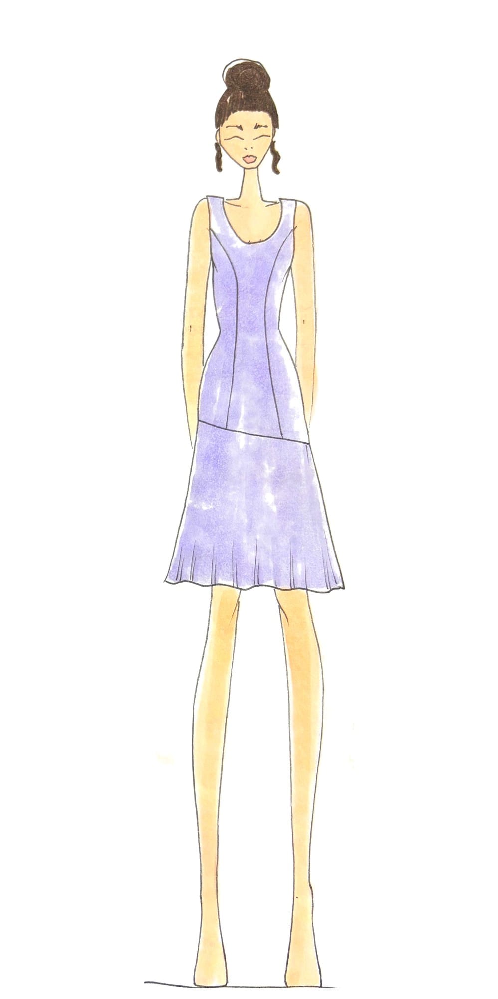 Custom couture fashion illustration of a pale lilac dress