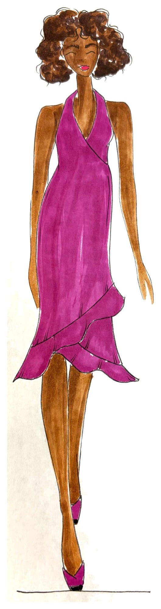 Custom couture fashion illustration of a fuschia halter dress, front view