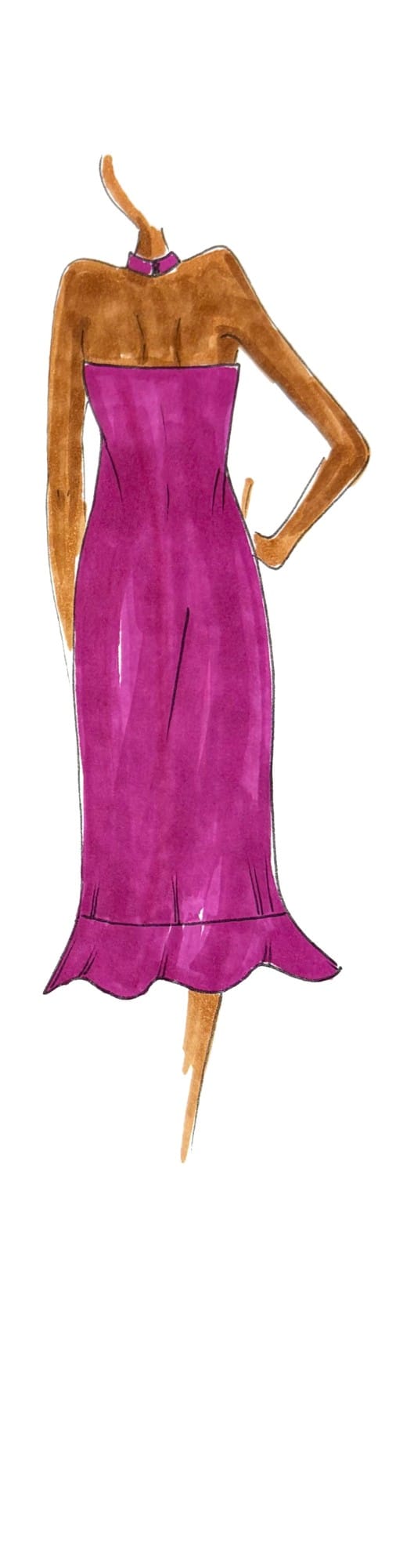Custom couture fashion illustration of a fuschia halter dress, back view