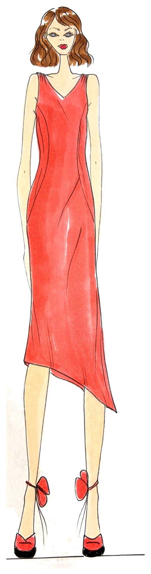 Custom couture fashion illustration of a scarlet asymmetric dress, front view