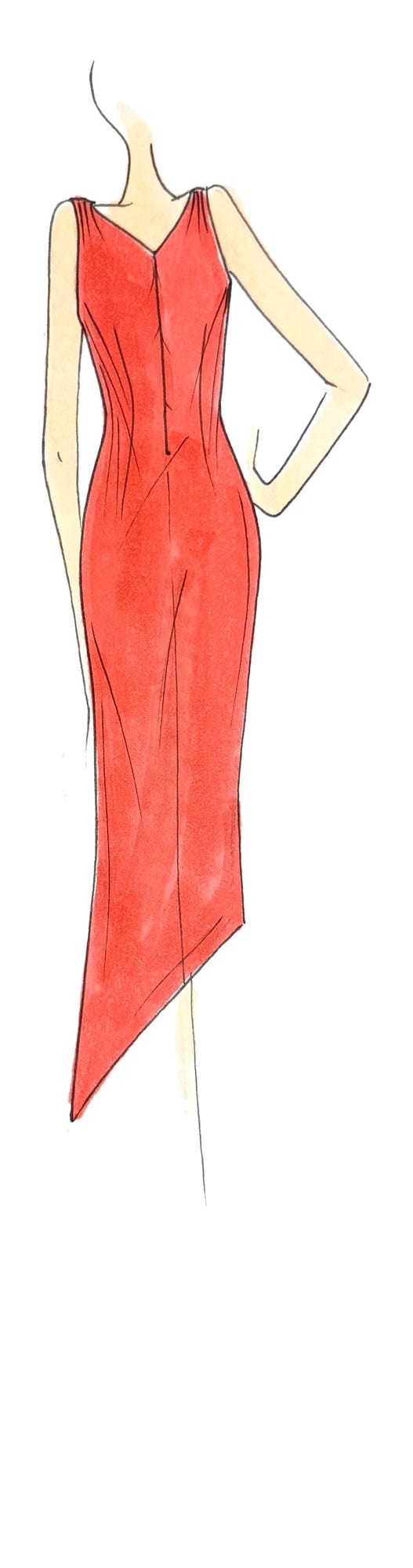 Custom couture fashion illustration of a scarlet asymmetric dress, back view