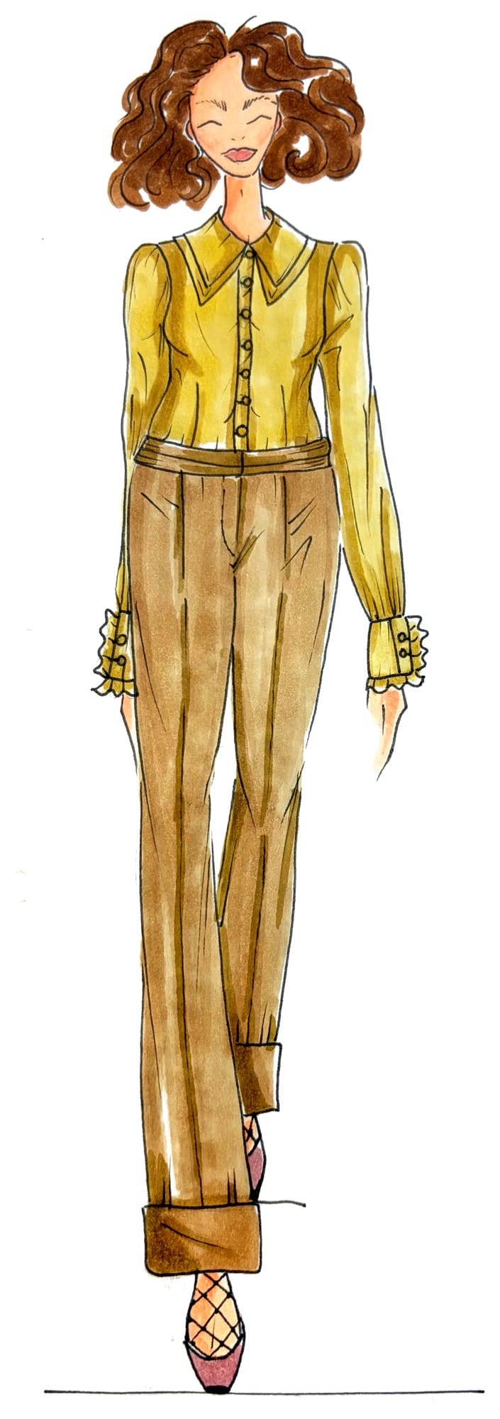 Custom couture fashion illustration of a yellow ochre blouse and wool trousers, front view