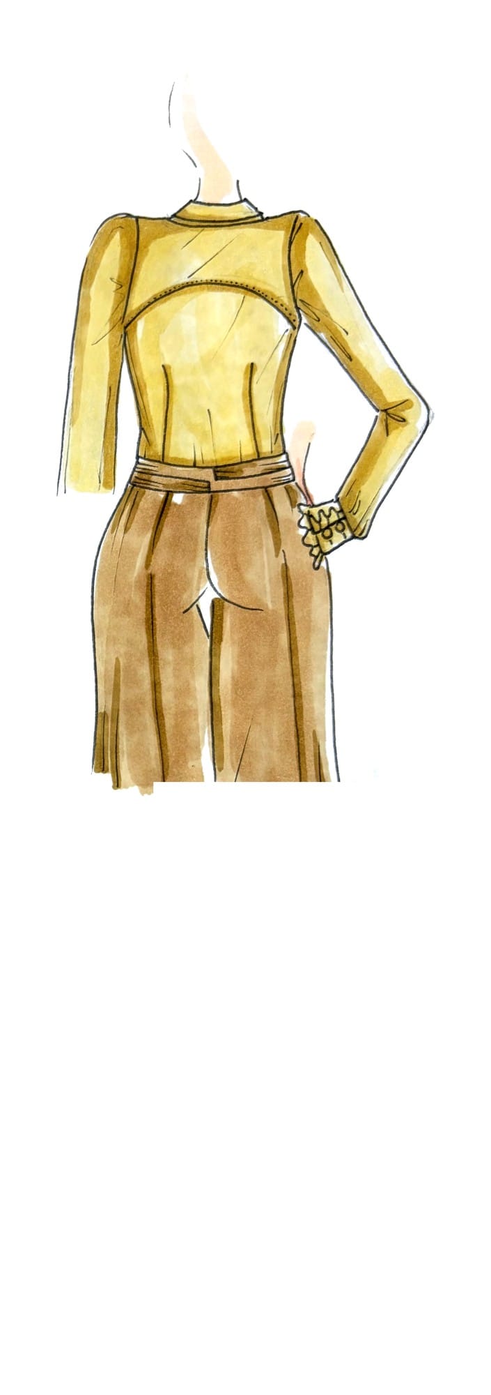 Custom couture fashion illustration of a yellow ochre blouse and wool trousers, back view
