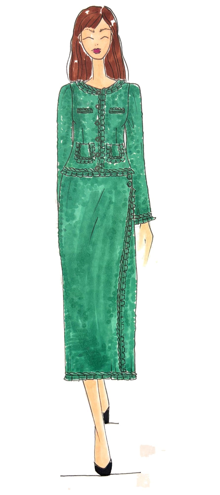 Custom couture fashion illustration of a green cotton tweed jacket and midi wrap skirt