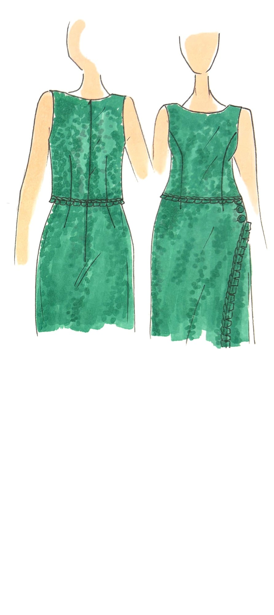 Custom couture fashion illustration of a green sleeveless top, front and back views